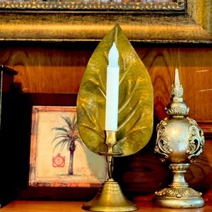 Solid Brass Leaf Shaped Table Sconce Candle Holders  13 1/2”